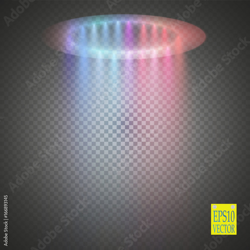 Round color glow rays night scene on transparent background. Empty light effect podium. Disco club dance floor. Show rainbow colors. Beam stage. Magic fantasy portal. Futuristic teleport. vector