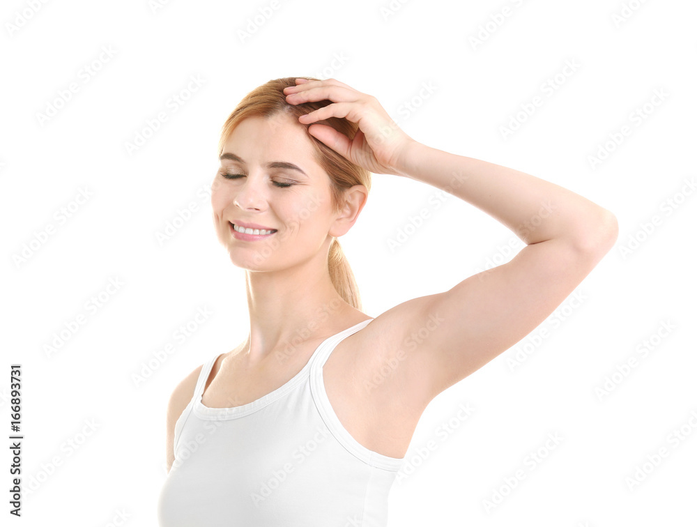 Beautiful young woman on white background. Concept of using deodorant