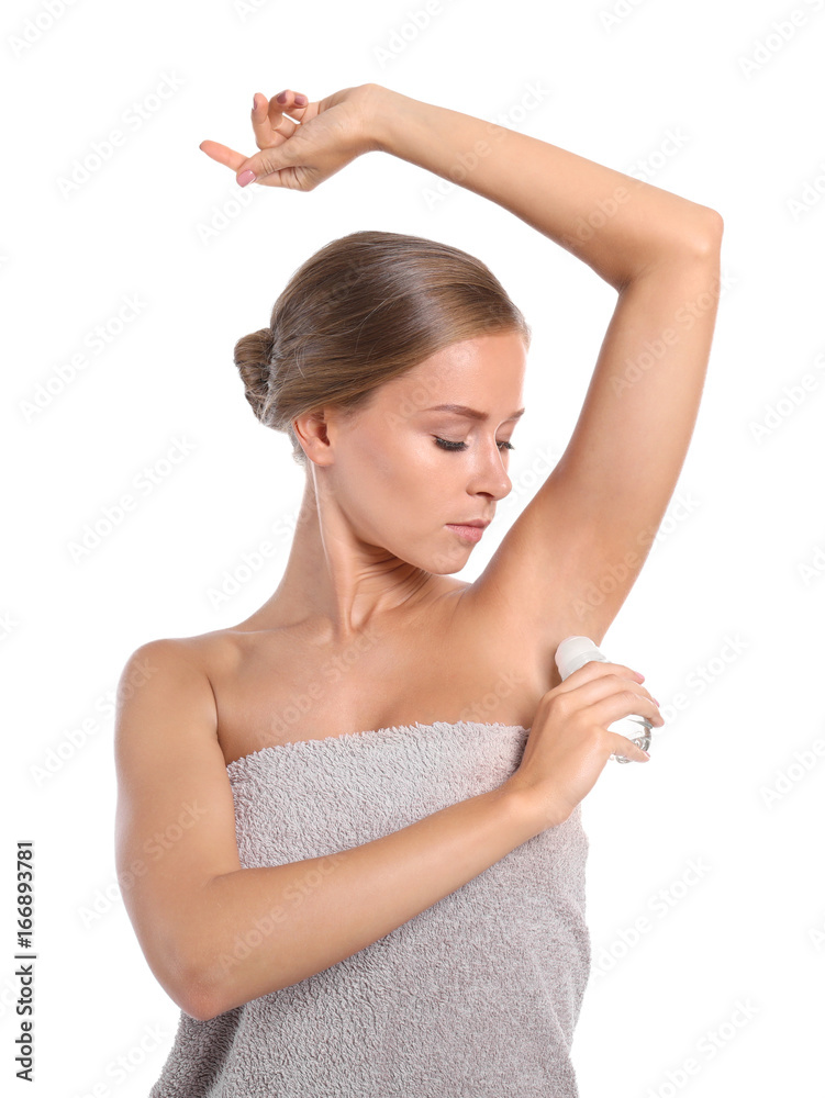 Beautiful young woman with deodorant on white background Beautiful young woman with deodorant on white background