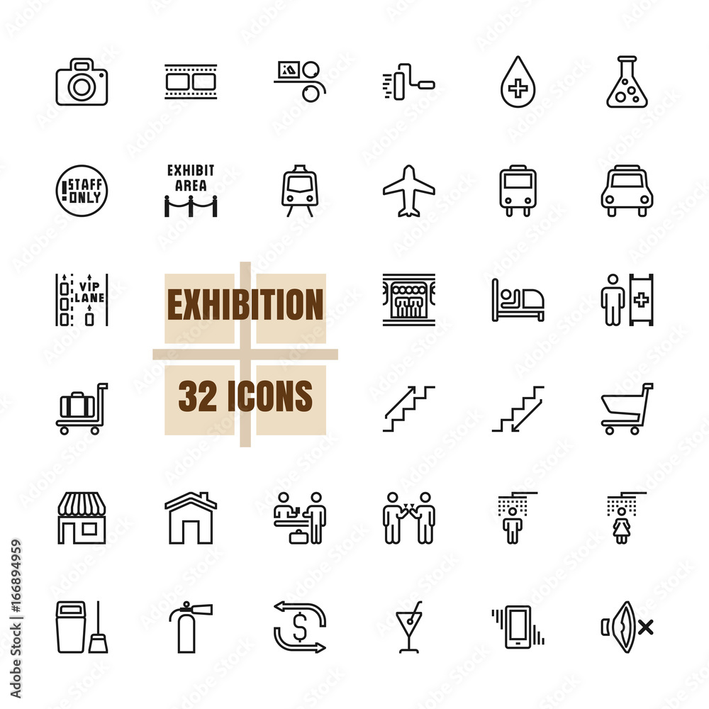 Exhibition Community vector illustration thin line 48x48 Pixel Perfect 32 icon set for business, advertising, technology, photograph, printing, movies, finance, reception, information. Editable Stroke