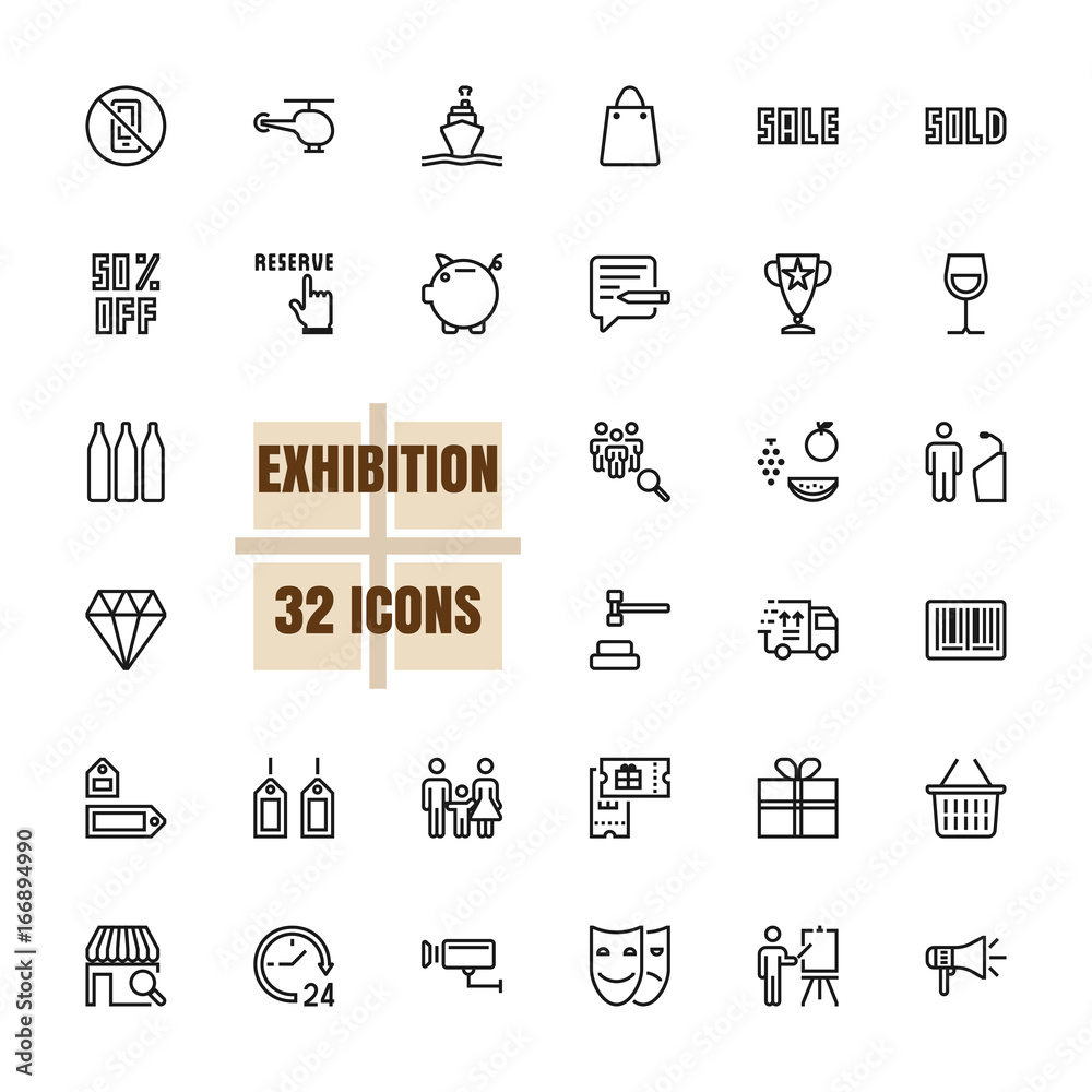 Exhibition Community vector illustration thin line 48x48 Pixel Perfect 32 icon set for business, assembly, community, family, money saving, transport, logistics, finance, information. Editable Stroke
