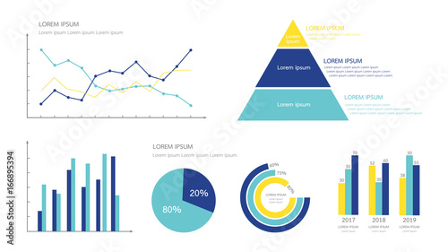 Infographics chart element for business  presentation in many shape such as line and point, pyramid, bar, pie and circle percentage. Minimal flat design vector illustration. Yellow and blue color.