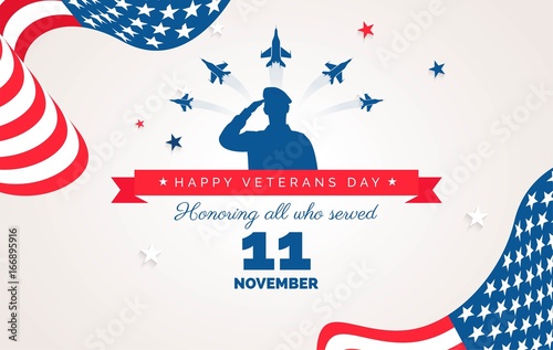 Happy Veteran Day flyer, banner or poster. Holiday background with waving flags, flying airplanes and soldier silhouette Thank you, Veterans. Vector flat illustration