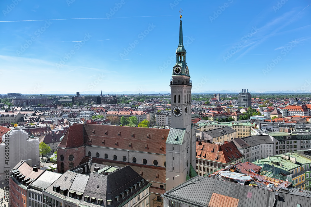 Munich, Germany. St. Peter's Church (Alter Peter) on the background of southern part of the city. View from the tower of New Town Hall. 