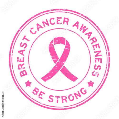 Grunge pink breast cancer awareness and be strong round with ribbon rubber seal stamp on white background