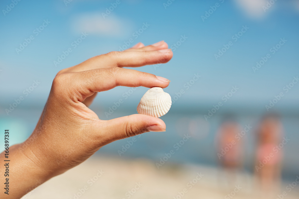 Little beautiful sea shell in woman`s hands against beutiful marine background. Woman having holiday on beach, demonstrating wonderful sea shell which she found on sand beach. Summer and vacation Little beautiful sea shell in woman`s hands against beutiful marine background. Woman having holiday on beach, demonstrating wonderful sea shell which she found on sand beach. Summer and vacation
