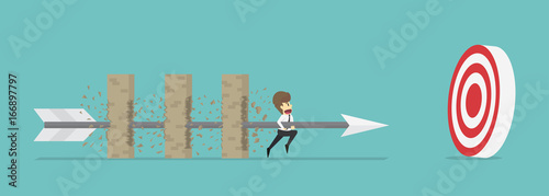 Businessman hold arrow breaking through obstacle Multi-layer wall towards greater goal.Business cartoon concept is man character.businessman emotions moving include of man.Vector Illustration