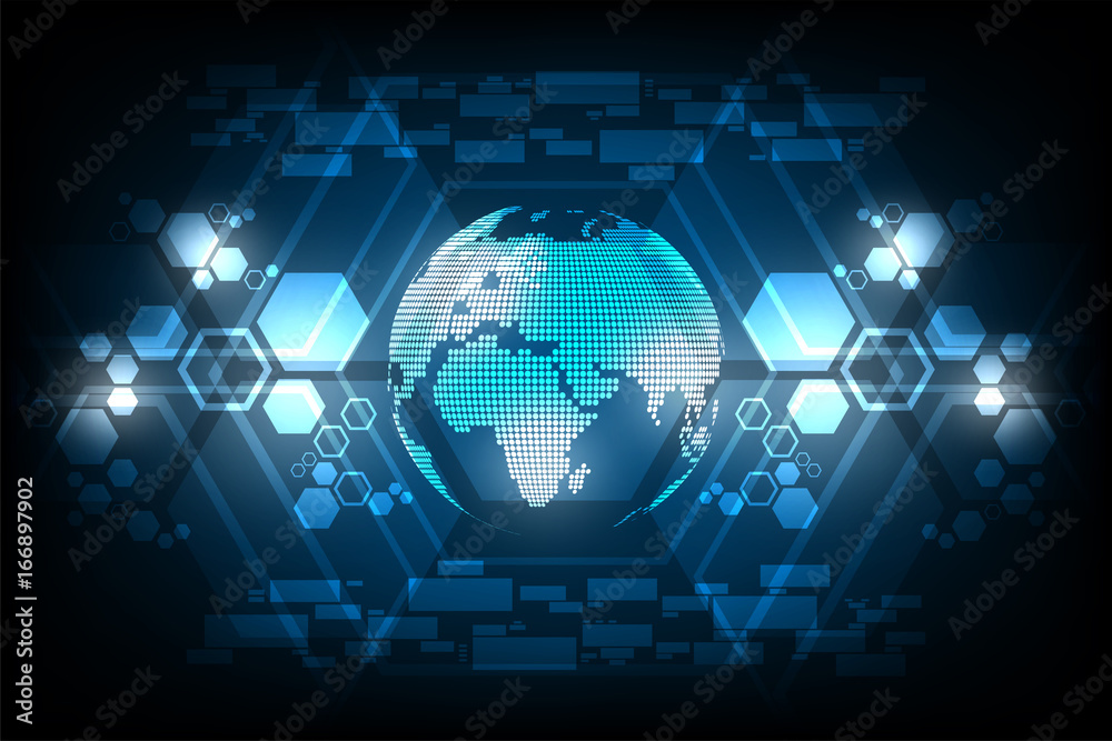 Digital world of the future on dark blue background.