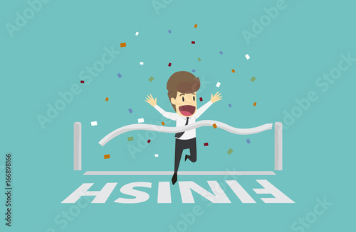 Businessman run cross the finish line.Business young cartoon happiness of success concept is man character.View businessman emotions moving include icon of man.Vector Illustration