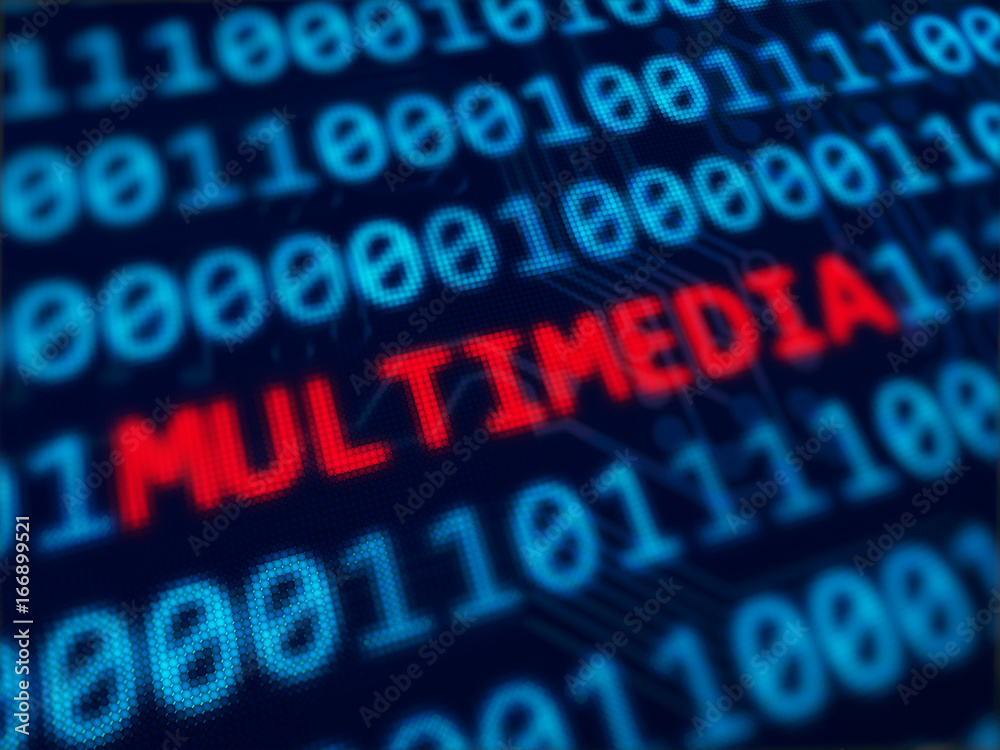 Multimedia red text on blue computer screen - 3D rendered with depth of field Multimedia red text on blue computer screen - 3D rendered with depth of field