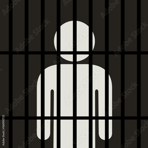 Symbol of man is behind bars in the dark place -  criminal and delinquent is arrested and locked in the cell in the prison. Punishment and imprisonment because of committing crime. Vector illustration