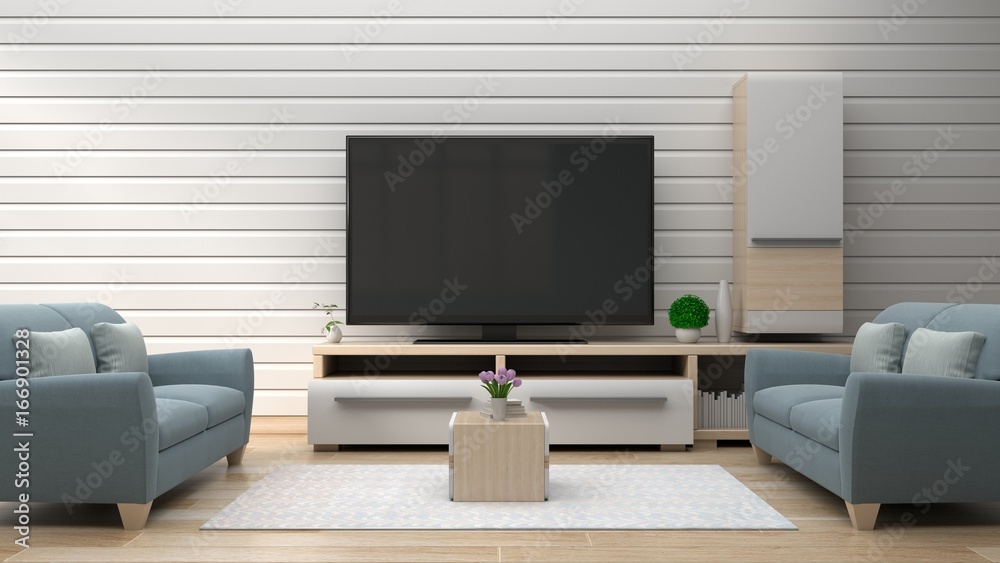 TV on the white wall in modern living room have sofa in room,3d rendering TV on the white wall in modern living room have sofa in room,3d rendering