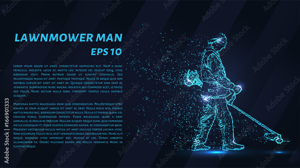 The lawnmower man is composed of pixels. Particles in the form of the lawnmower man on a dark background. Vector illustration.