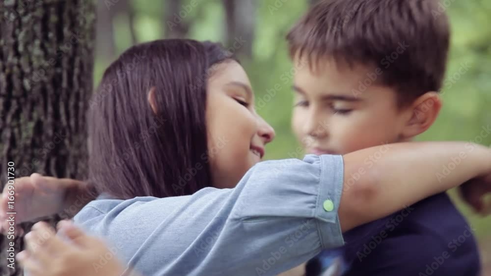 Portrait. A little boy is kissing with a little girl and hugging ...