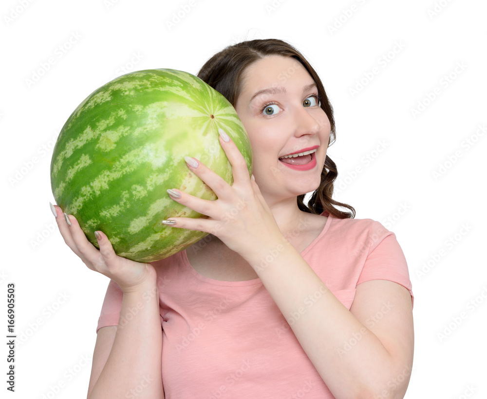 Young happy girl holding a watermelon, isolated on white background Young happy girl holding a watermelon, isolated on white background