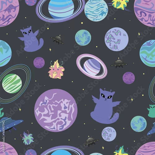 Tapety Wektorowa ilustracja projekt, rozochocony obcy oskrzydlony kota statku kosmicznego multicolor szablon