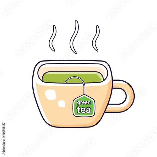 Hot green tea cup with bag label isolated.
