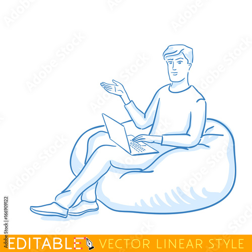 Successful young student sit in the bean bag chair with laptop. Freelance happy businessman. Business casual dress in the office. Editable line sketch. Stock vector illustration.
