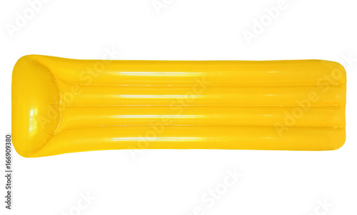 Yellow inflatable floating pool raft mattress isolated on white background.
