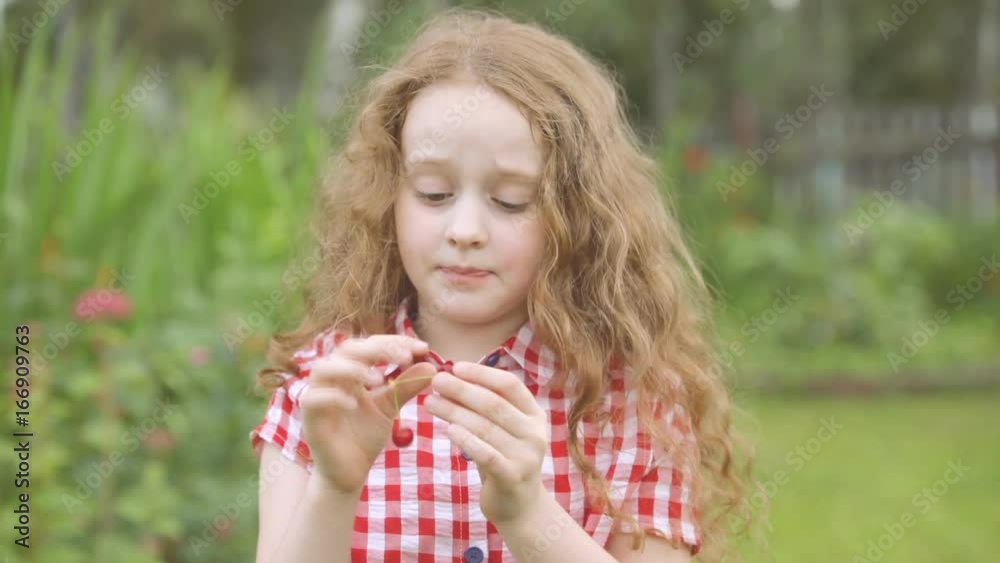 Little girl eating cherries in summer park. Little girl eating cherries in summer park.