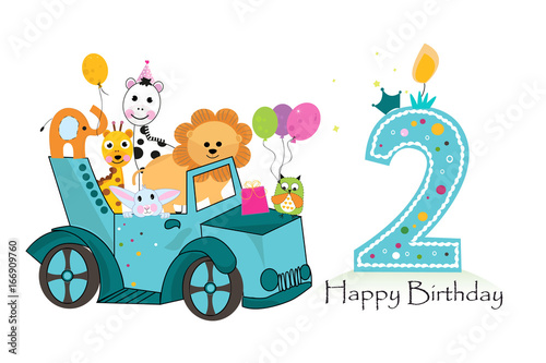 Second birthday car with animals background. Birthday greeting card