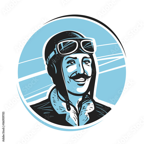 Portrait of happy pilot in cap. Aviator, airman label or logo. Mascot vector illustration