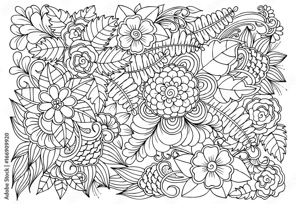 Fototapeta premium Coloring page of monochrome flowers for adult coloring book