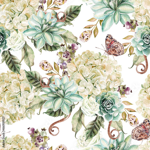 Bright watercolor seamless pattern with flowers hydrangea, rose and succulents. Illustration
