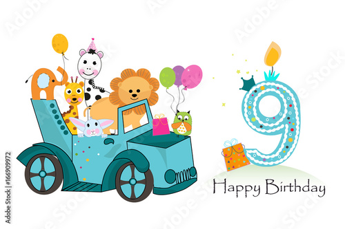 Fifth birthday car with animals background. Birthday greeting card