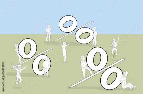 Sketch of working little people with big percent sign. Doodle cute miniature scene of workers and financial symbol. Hand drawn cartoon vector illustration for business design. 