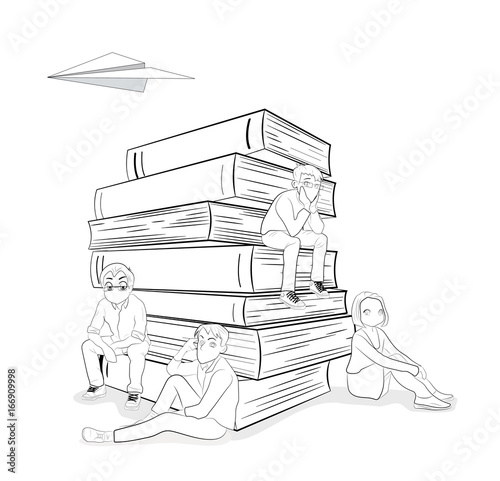 Little people are sitting on a book. vector illustration.