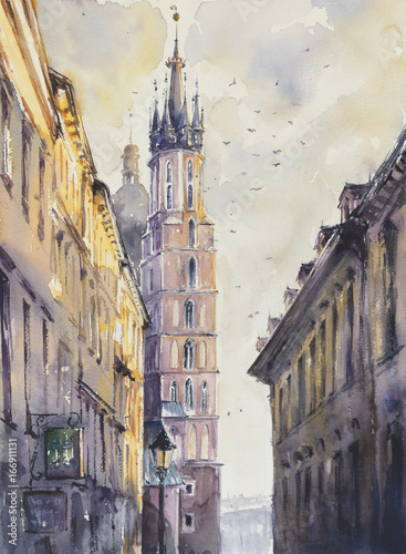 Florianska street in old town, Kracow, Poland with Miariacki Church in background.Picture created with watercolors. photo