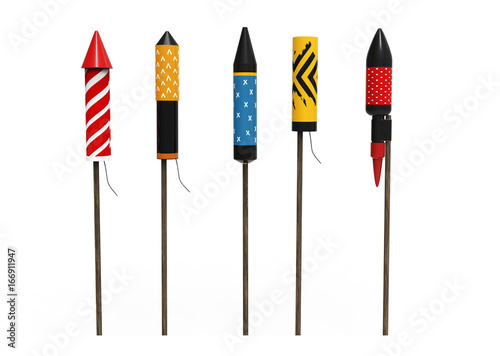 Collection of firework rockets, isolated on white background