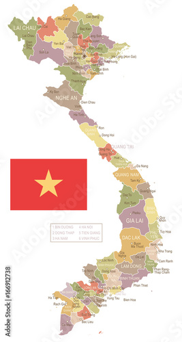 Vietnam - vintage map and flag - illustration
