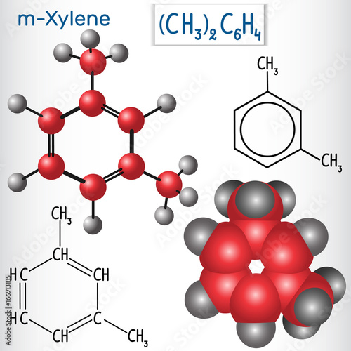 Meta-xylene (m-xylene) molecule - structural chemical formula and model