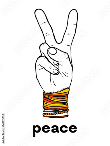 The symbol of pacifism and hippies is a hand with two fingers. Against racism, homophobia and war. Peace. Vector illustration for a postcard or a poster, print for clothes.