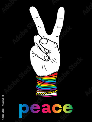 The symbol of pacifism and hippies is a hand with two fingers. Against racism, homophobia and war. Peace. Vector illustration for a postcard or a poster, print for clothes.