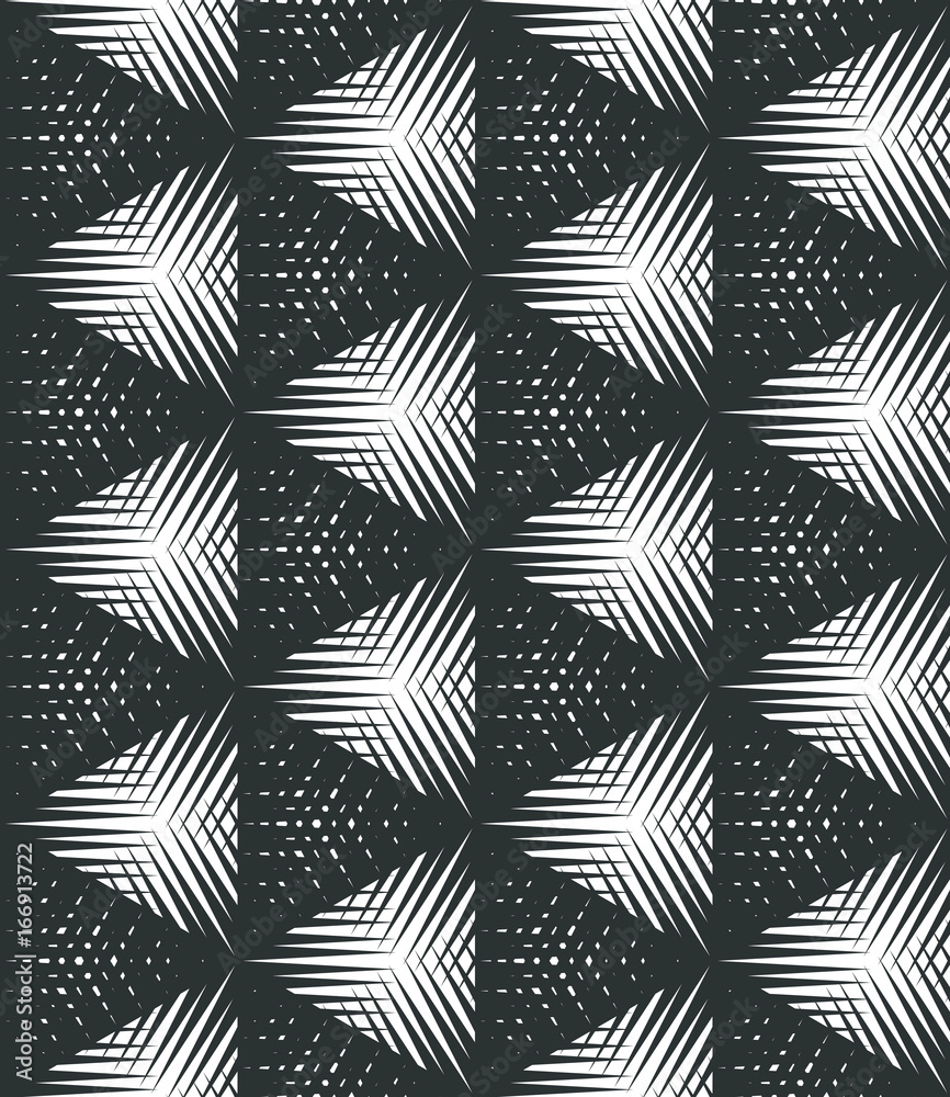 Halftone pattern background. Geo vector seamless pattern. Halftone triangle on a white background. Screen print texture. Monochrome geometric overlay texture 