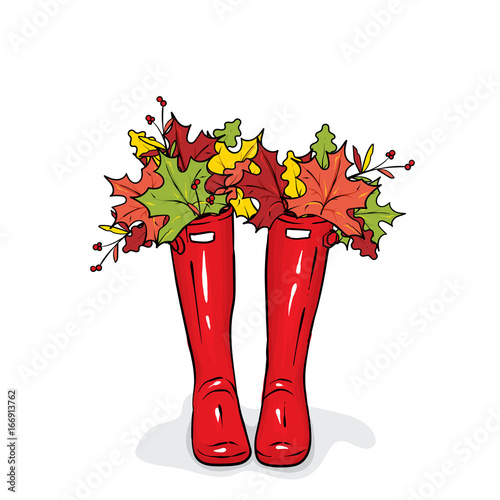 Rubber boots with colorful autumn leaves. Vector illustration for a postcard or a poster, print for clothes. Fashion, style and shoes.