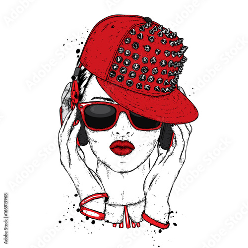 A beautiful girl in sunglasses, headphones and a stylish cap. Vector illustration for a postcard or a poster, print for clothes. Fashion & Style.