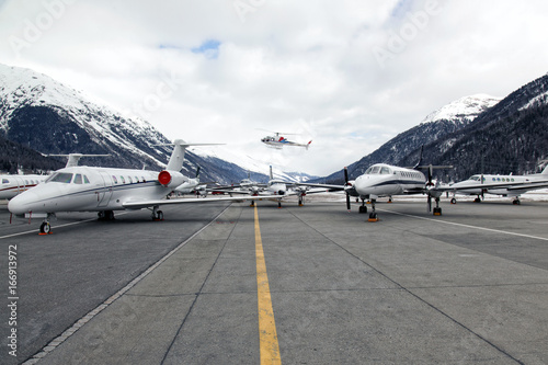 Private jets and a helicopter in St Moritz