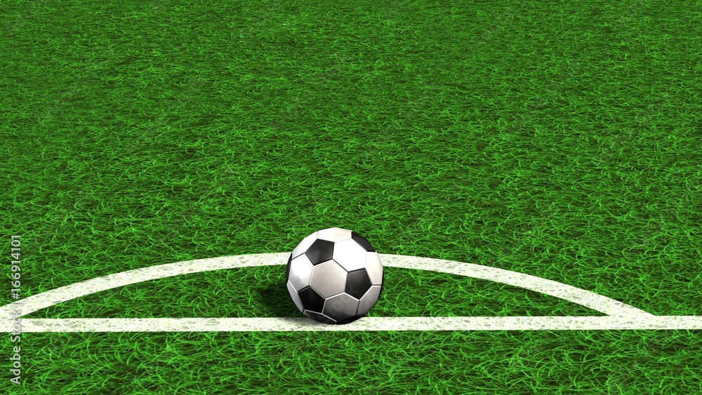 Football on a soccer field line in the green grass - 3d render Football on a soccer field line in the green grass - 3d render