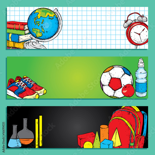 Set of banners or bookmarks back to school. Multicolored cartoon school supplies and stationery - backpack, globe, ball, sneakers, water and geometric shapes. Vector illustration for posters.