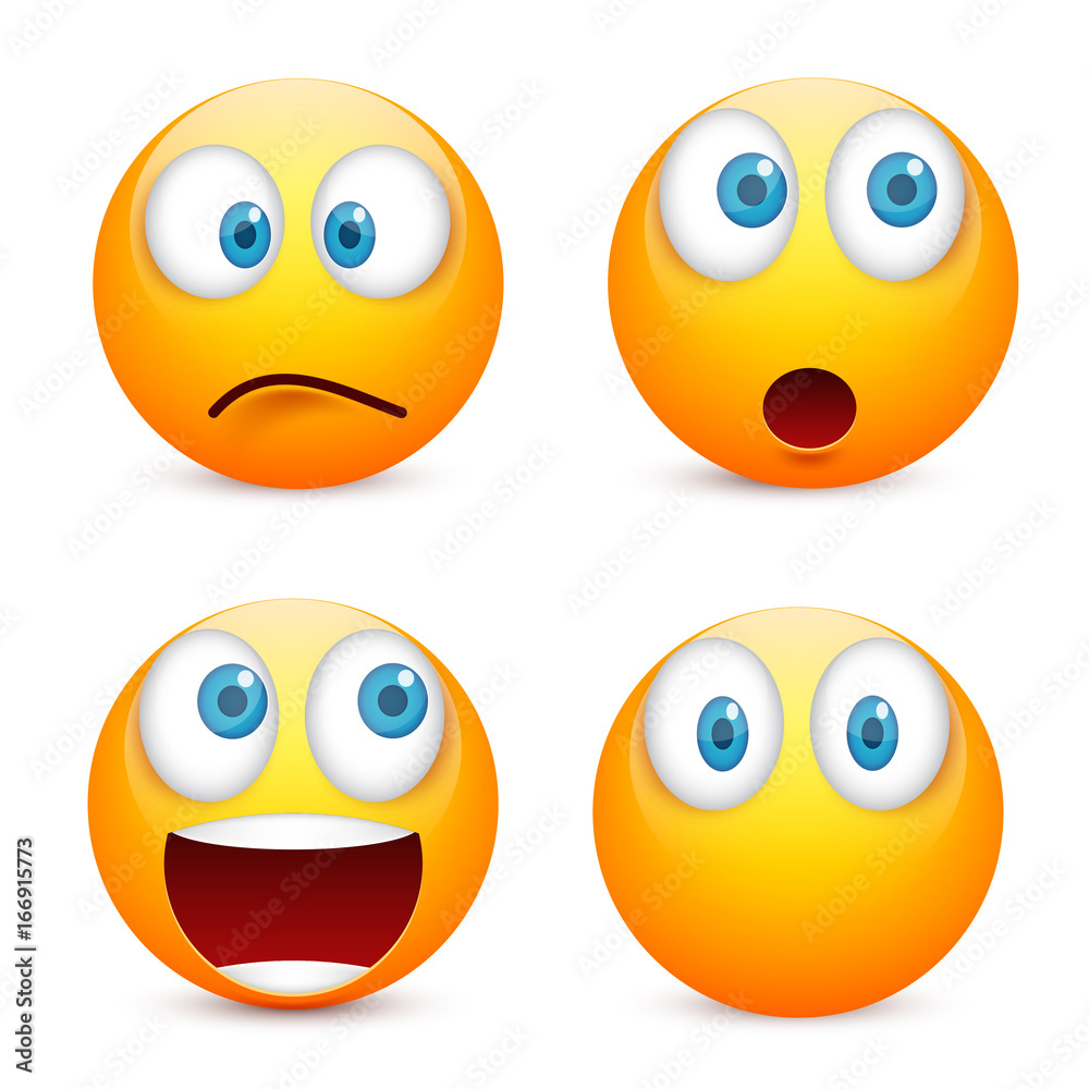 Smiley with blue eyes,emoticon set. Yellow face with emotions. Facial expression. 3d realistic emoji. Sad,happy,angry faces.Funny cartoon character.Mood.Vector illustration. Smiley with blue eyes,emoticon set. Yellow face with emotions. Facial expression. 3d realistic emoji. Sad,happy,angry faces.Funny cartoon character.Mood.Vector illustration.