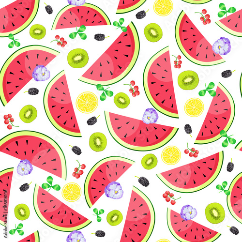 Seamless background with watermelon lemon and kiwi slices. Vector illustration.