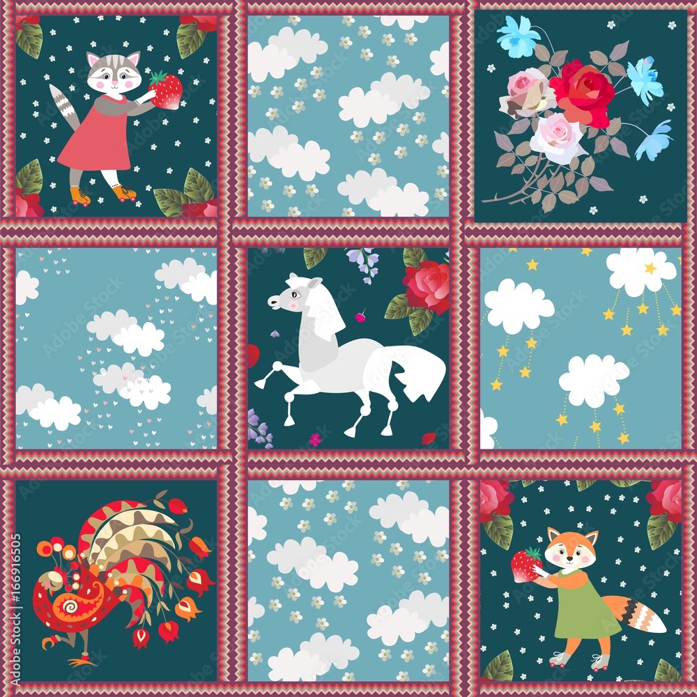 Patchwork pattern for kids with cute cartoon animals, clouds and ornamental frames.