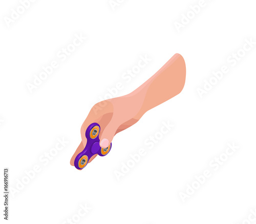 Hand holding, playing and making tricks with fidget spinner, isometric vector illustration with colorful anti-stress toys or gadgets