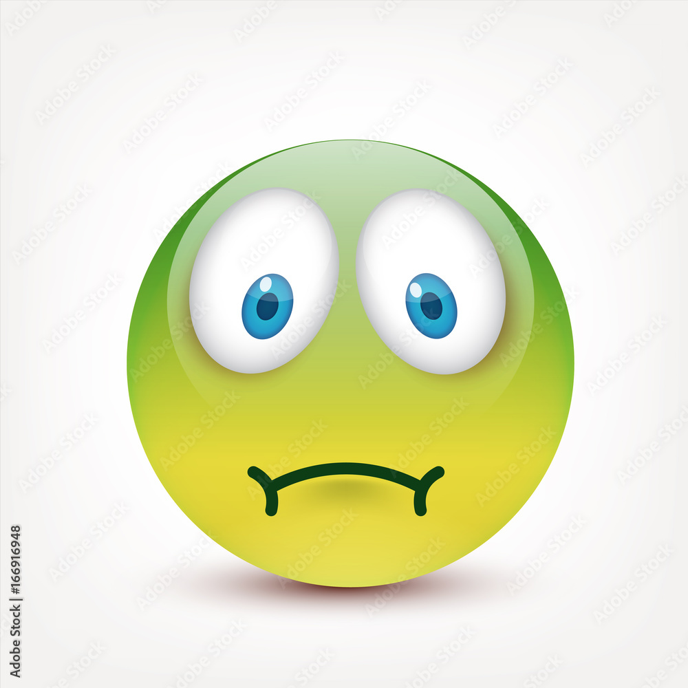 Fototapeta premium Smiley with blue eyes,emoticon set. Yellow face with emotions. Facial expression. 3d realistic emoji. Sad,happy,angry faces.Funny cartoon character.Mood.Vector illustration.