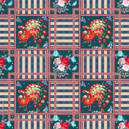 Patchwork pattern with peacocks, bouquets of roses and cosmos flowers, ornamental frames and striped background. Template for tapestry.