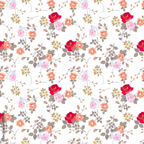 Ditsy seamless floral pattern with various roses, daisies and leaves on white background.